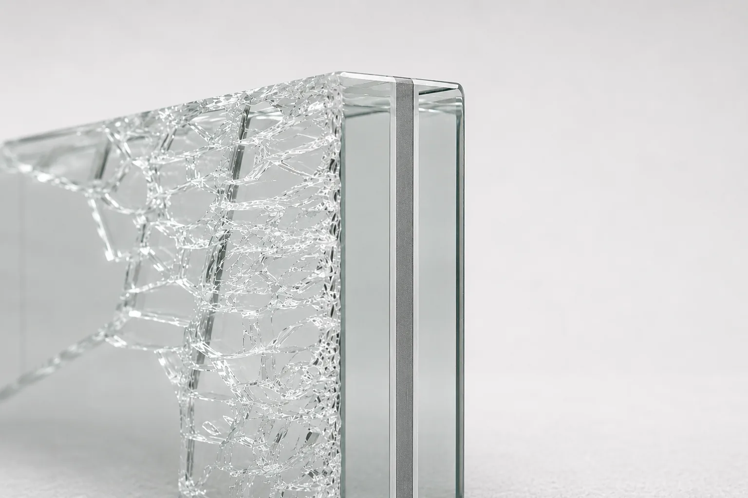 Laminated glass holding together after impact, interlayer visible